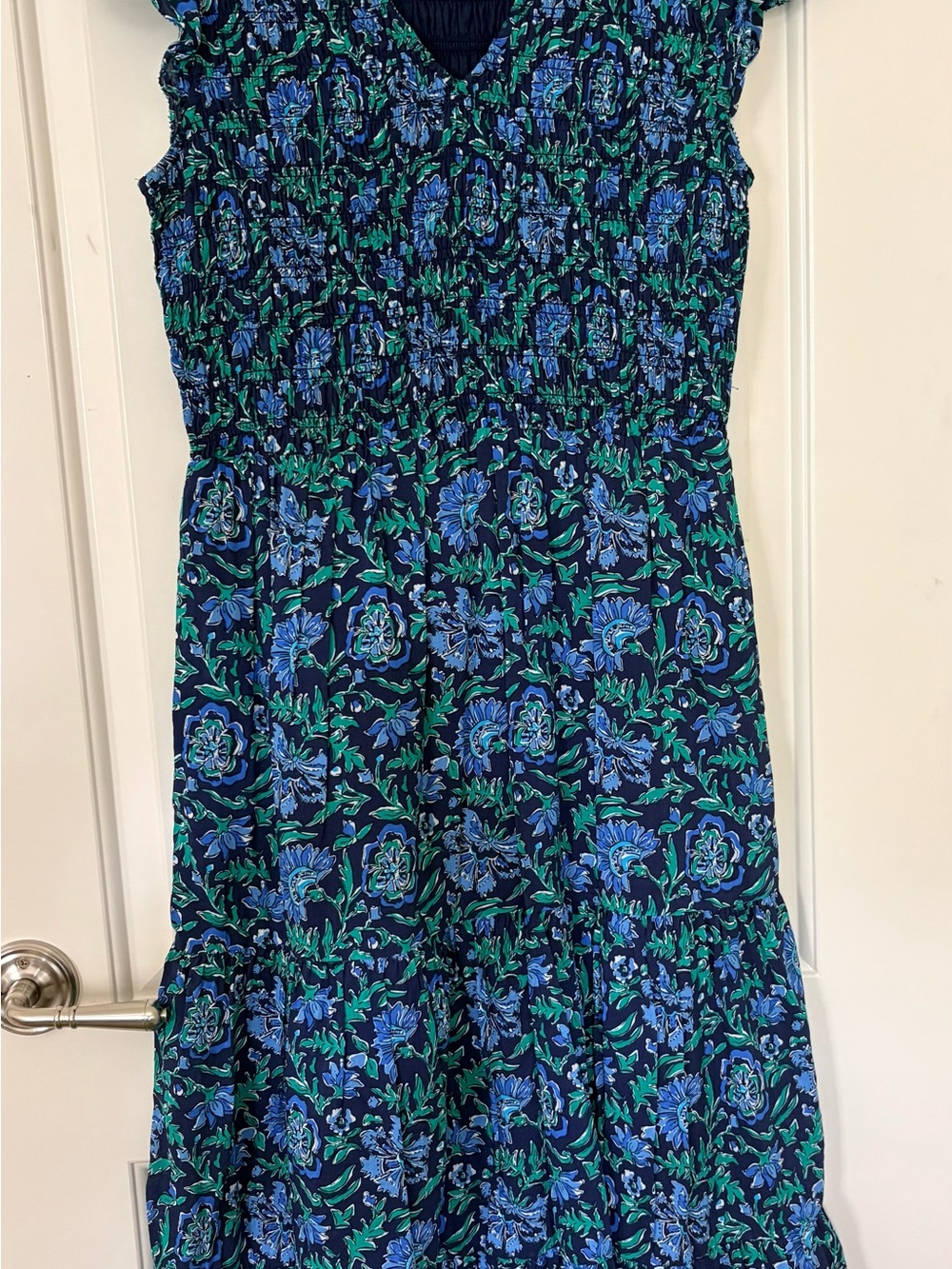 Vineyard Vines Navy with Teal and Light Blue Floral Trim Maxi Dress, Small